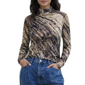 Zara Printed Draped Tulle Top Mesh Long Sleeves Shirt Size S